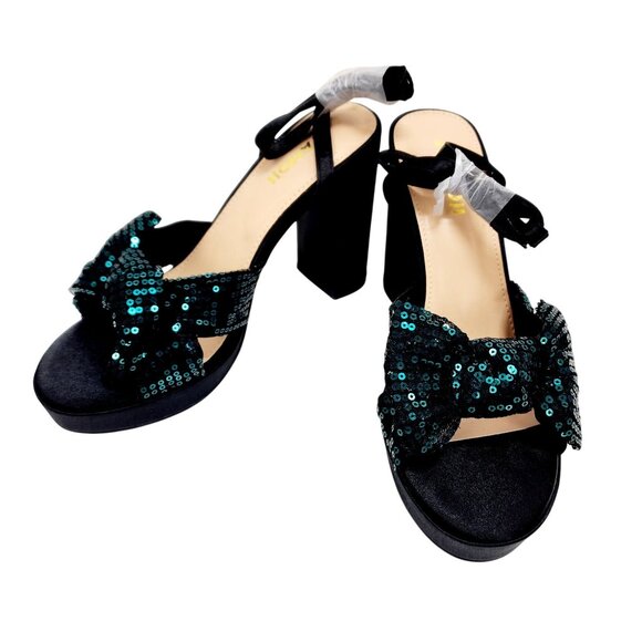 Amoji Womens Sequin Bow High Heel Sandals Black/Green Size 38 /US 8 - Picture 14 of 16